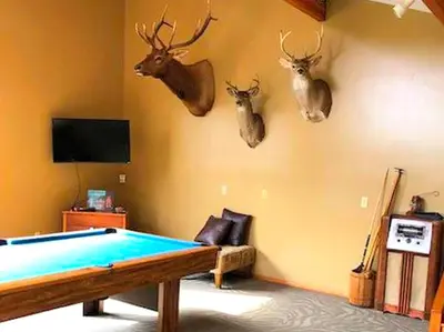a room with a pool table and deer heads on the wall at Stunning Cabin Rental with a Hot Tub Overlooking Fishing Creek near Sproul State Forest, Pennsylvania in Mill Hall