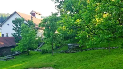 a yard with trees and a house at 27-Person Luxury Villa Rental in Hudson Valley, New York in Monroe