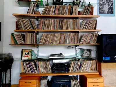 a bunch of cds on shelves in a room at Historic Vacation Rental with Music Studio in the Catskills near Hancock, New York in Hancock