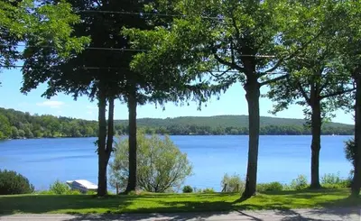 a group of trees with a view of a lake at Peaceful Private Cabin on Crystal Lake near Elk Mountain, Pennsylvania in Clifford