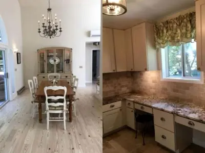two images of a kitchen and a dining room at Delightful Cottage Rental with Scenic Views near the Poconos, Pennsylvania in Tobyhanna
