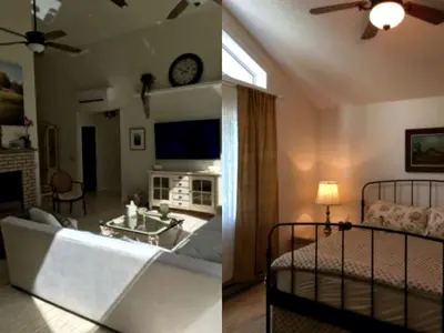 a bedroom with a bed and a living room with a ceiling fan at Delightful Cottage Rental with Scenic Views near the Poconos, Pennsylvania in Tobyhanna