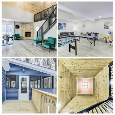 a series of four pictures of a house at The Hut House 3BR 3BA Game Room Massage Chair in Lake Ariel
