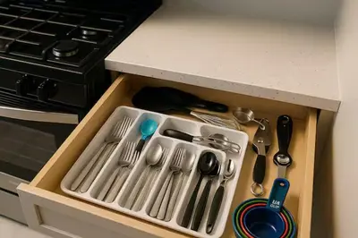 a plastic drawer with utensils in a kitchen at Warm & Cozy Escape - NYC & NWK with Free Parking in Bayonne