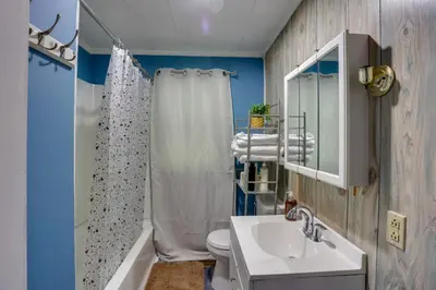a bathroom with a sink and a shower and a toilet at 9 Mi to Hersheypark Spacious Home with Deck in Harrisburg