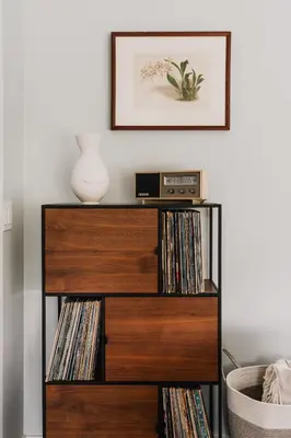 a book shelf with cds and a vase on it at Elevated Catskills Getaway On 15-acre Private Farm in Parksville