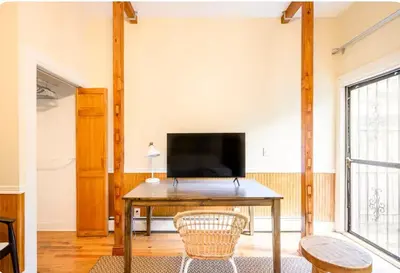 a living room with a table and a television at Yard, Laundry, Large! Bonus Sleep Area in Jersey City