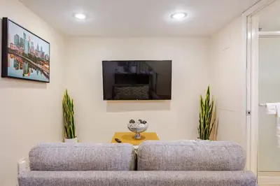 a living room with a couch and a tv at Staycation Suite in Philadelphia