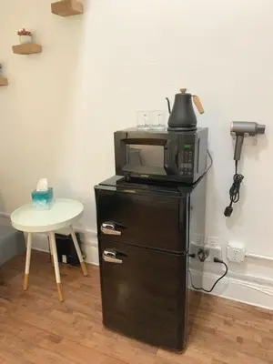 a microwave sitting on top of a refrigerator next to a table at Private room with Shared bath on Union Square 11 in New York