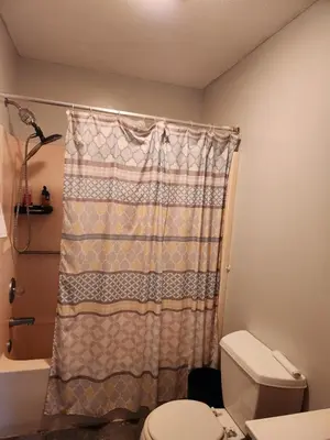 a bathroom with a shower curtain and a toilet at 2BR in Peaceful Country Near Ithaca in Willseyville