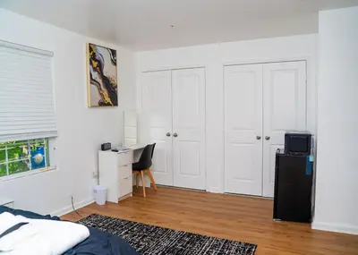 a bedroom with a bed and a desk with a computer at Anike's Place in Newark