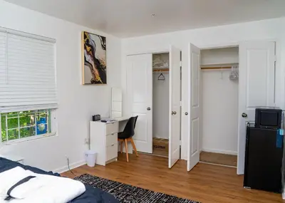 a bedroom with a bed and a desk with a tv at Anike's Place in Newark