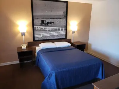 a hotel room with a blue bed and two lamps at Mansfield Inn in Mansfield
