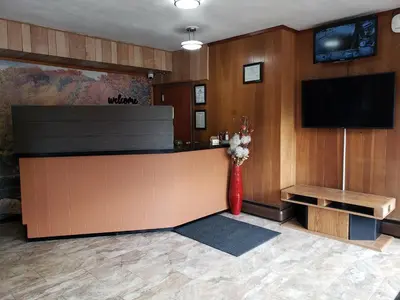 a lobby with a counter with a vase of flowers at Mansfield Inn in Mansfield