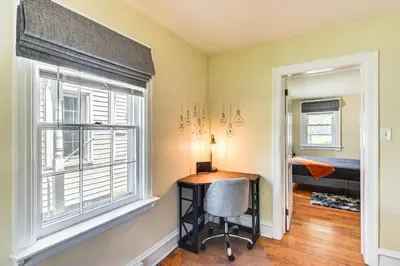 a home office with a desk and a window at Near Nockamixon State Park Telford Apt with Porch! in Telford