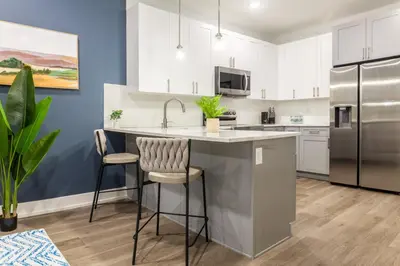 a kitchen with white cabinets and stainless steel appliances at 2BR2BA ApartmentWDWiFi Near Temple in Philadelphia