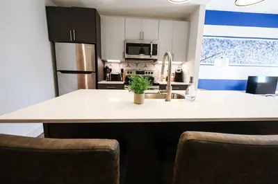 a kitchen with a sink and a refrigerator at 1BDRM & AptWifi near TrendyEateriesBrewerytown in Philadelphia