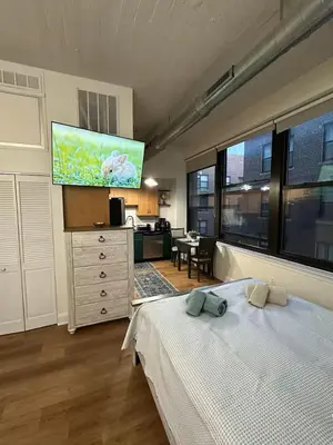 a bedroom with a bed and a flat screen tv at Philadelphia Studio in Philadelphia