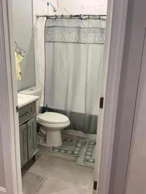 a bathroom with a toilet and a shower curtain at Excel homes in East Orange