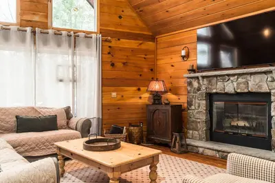 a living room with a couch and a fireplace at Lazy River Cabin: Lakefront Stay in Greentown