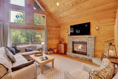 a living room with a couch and a fireplace at Lazy River Cabin: Lakefront Stay in Greentown