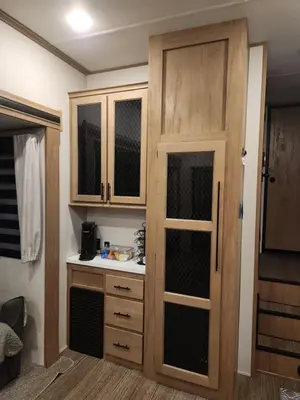 a kitchen with a cupboard and a counter with a sink at Luxury Lakeside Retreat - The Cozy Wondrous Weekendator in Lake Ariel