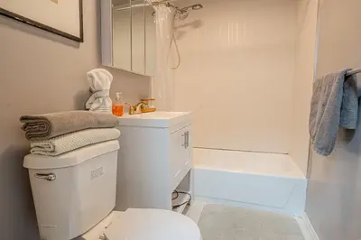 a white bathroom with a toilet and a shower at Stylish 3BD Near Empire in New York