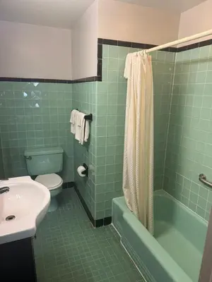 a green bathroom with a toilet and a sink at Farrington Inn - North Brunswick in North Brunswick