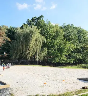 a beach with a tree and people on it at Modern 4 Bedroom Home with Sauna and Game Room in Gated Lake Community in East Stroudsburg