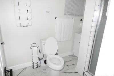 a white bathroom with a toilet and a shower at HouseDF in Bayonne