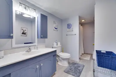 a bathroom with a white toilet and a sink at The Cozy Peak 5 Minutes to Ski in Tannersville
