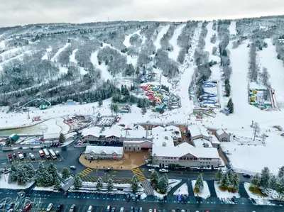 an aerial view of a ski resort in the snow at The Cozy Peak 5 Minutes to Ski in Tannersville