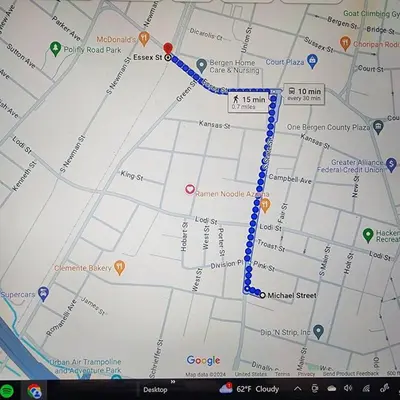 a google map with a blue line on it at Private Bedroom w Shared Space A in South Hackensack