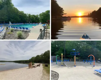 a collage of four pictures of a swimming pool at Bear Haven Cabin - Epic Game RoomLakeFire Pit in Gouldsboro