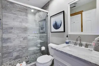 a bathroom with a shower and a toilet and a sink at Mountainview Vista 1 Mile to Water Park & Ski in Tannersville