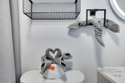 a bathroom with a towel rack and a toilet at The Cozy Modern Cabin Ski & Relax in Tobyhanna