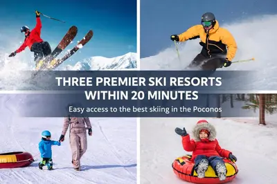 a collage of three photos of people skiing in the snow at The Cozy Modern Cabin Ski & Relax in Tobyhanna