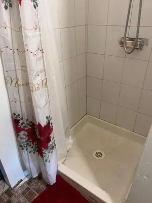 a bathroom with a tub and a shower curtain at Atic Apartment in Perth Amboy