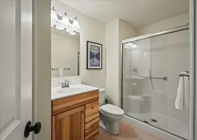 a bathroom with a toilet and a sink and a shower at 5 Br Sleeps 14 Hot Tub-Sauna-Movie Theatre-Arcade in Albrightsville