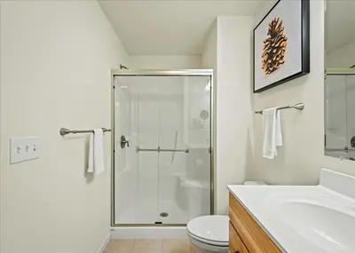 a white bathroom with a shower and a toilet at 5 Br Sleeps 14 Hot Tub-Sauna-Movie Theatre-Arcade in Albrightsville