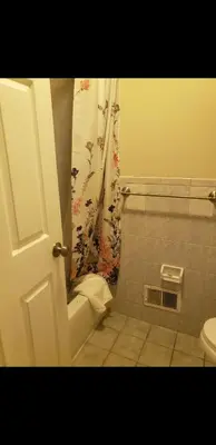 a bathroom with a toilet and a shower curtain at Beautiful 3 Bed Vacation home in Newark