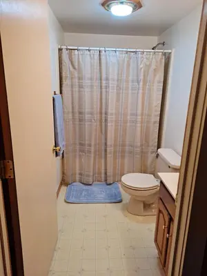 a bathroom with a shower curtain and a toilet at The Canton House