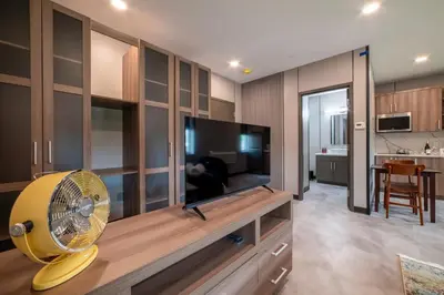 a living room with a fan and a television at 4505 Lofts in Vestal