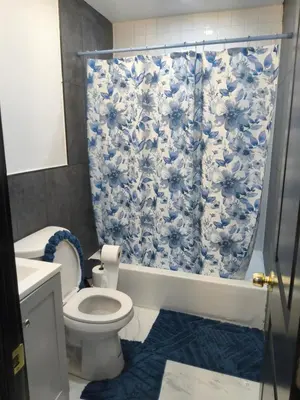 a bathroom with a toilet and a blue and white shower curtain at Log Comfort in Newark