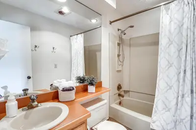 a bathroom with a sink and a shower at Steps to Jack Frost Ski Resort Townhome with Decks in Lake Harmony