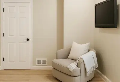 a living room with a chair and a flat screen tv at Group-Friendly Luxury 3BR 2 Baths Sleeps 8 in Irvington