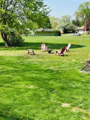 four chairs sitting in the grass in a park at The Soft Landing Elle's Home Near NYC in Trenton