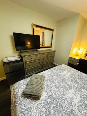 a bedroom with a bed and a flat screen tv at The Soft Landing Elle's Home Near NYC in Trenton