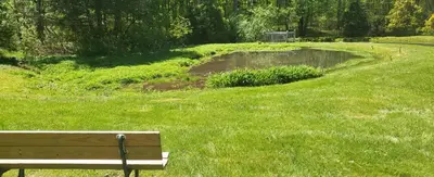 a park bench sitting in the grass next to a pond at Susquehanna Waterfall Haven in Susquehanna
