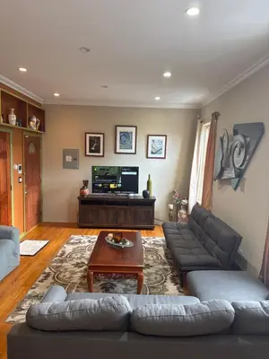 a living room with a couch and a tv at Cozy in Guttenberg